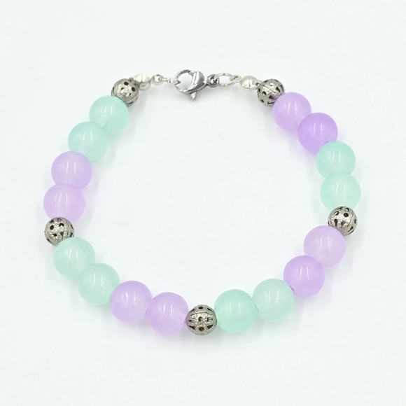 Handmade Aqua & Purple Glass Beaded Bracelet Antique Silver Filigree Beads - Picture 3 of 3
